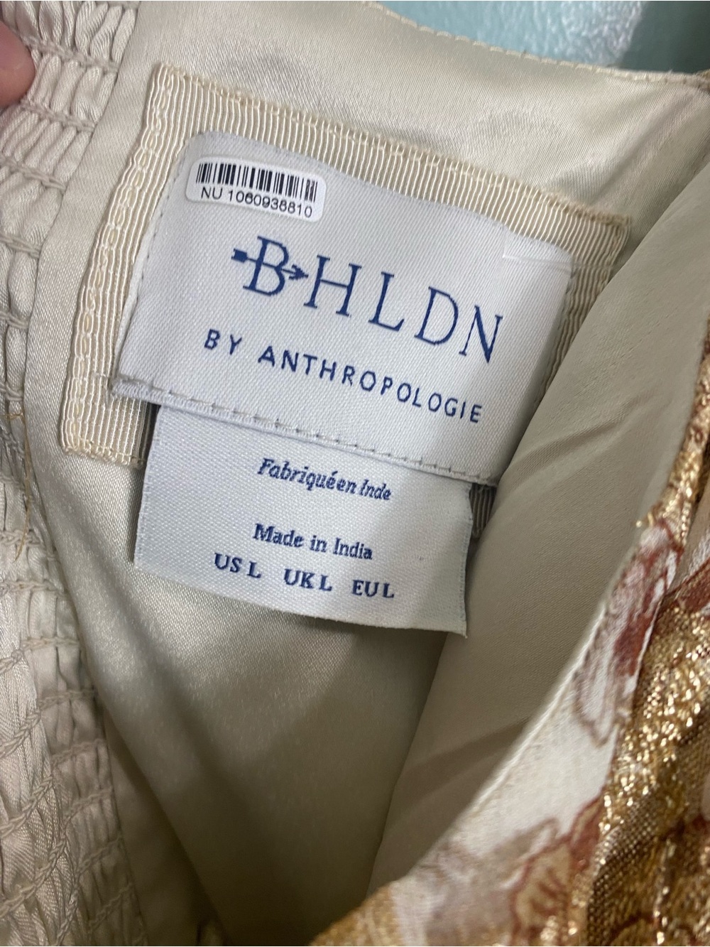 BHLDN Lurex Printed Tiered Puff Sleeve Dress Gold Metallic Size Large - Picture 4 of 11